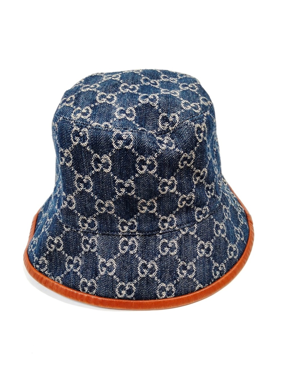 Auth Gucci GG Denim Monogram Bucket Hat with Brown Leather Trim